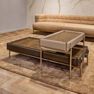 italian minimalist combination nesting design stainless steel legs rectangle natural wood end table leather coffee table set